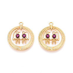 Настоящее золото 18K Латунные микро проложить кубического циркония подвески, Плоский круглый и птичий, без никеля , долговечный, реальный 18 k позолоченный, 25x22x2.5 мм, отверстие : 1.6 мм