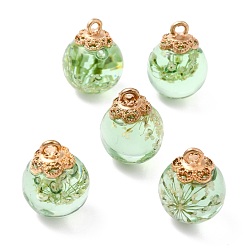 Pale Green Glass Dried Flower Big Pendants, with Alloy Findings, Round, Light Gold, Pale Green, 21x16mm, Hole: 2mm