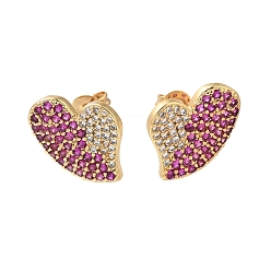 Настоящее золото 16K Серьги-гвоздики из латуни с паве из кубического циркония, сердце, слева и справа, реальный 16 k позолоченный, 13x13 мм