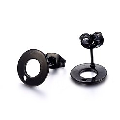 Electrophoresis Black 304 Stainless Steel Stud Earring Findings, with Loop & Earring Backs, Flat Round, Electrophoresis Black, 10x1mm, Hole: 1.5mm, Pin: 0.8mm