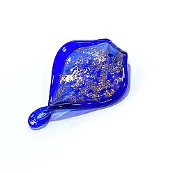 Blue Handmade Gold Sand Lampwork Big Pendants, Leaf, Blue, 69~75x42~48x6~8mm, Hole: 7x7mm