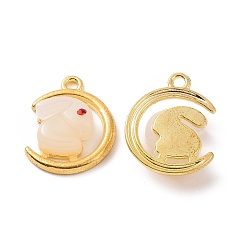 Golden Alloy with Glass Imitation Jade Pendants, Moon & Rabbit Charm, Golden, 18.5x14.5x4.5mm, Hole: 1.6mm