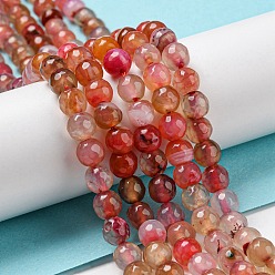 Orange Red Natural Agate Beads Strands, Dyed & Heated, Round, Faceted, Orange Red, 6mm, Hole: 1mm, about 62pcs/strand, 14.37~14.76 inch(36.5~37.5cm)
