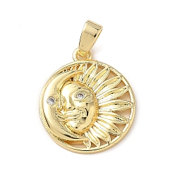 Настоящее золото 18K Латунные микро проложить кубического циркония подвески, плоские круглые с солнцем, реальный 18 k позолоченный, 17x15x2.5 мм, отверстие : 4x3 мм