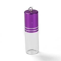 Purple Transparent Glass Perfume Bottle Pendant, with Brass Screw Cap Bottle, Purple, 53x15.5mm, Hole: 2mm, Capacity: 3ml(0.10fl. oz)
