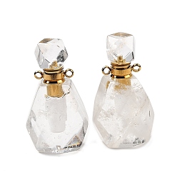 Хрусталь Кулоны для духов из натурального кварца, подвески-бутылки из ограненных камней горного хрусталя с 304 фурнитурой из нержавеющей стали, золотые, 35~35.5x20~20.5x13.5~14 мм, отверстие : 1.8 мм