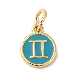 Темный Голубой Настоящие золотые латунные эмалевые брелоки 18 k, с целью перехода в кольце, долговечный, без свинца и без кадмия, плоский круглый с подвесками Gemini, темные голубые, 10x8x1 мм, отверстие : 4 мм