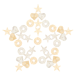 Mixed Color 48Pcs 3 Style 2 Colors Brass Pendants & Links, Etched Metal Embellishments, Long-Lasting Plated, Heart & Star & Flat Round, Mixed Color, 48pcs