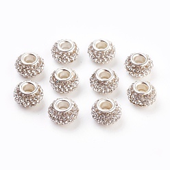 Crystal Grade A Rhinestone European Beads, Large Hole Beads, Resin, with Silver Color Plated Brass Core, Rondelle, Crystal, 12x8mm, Hole: 4mm