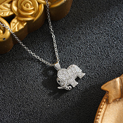 Silver Brass Micro Pave Clear Cubic Zirconia Elephant Pendant 201 Stainless Steel Cable Chain Necklaces for Women, Ion Plating(IP), Silver, 15.75 inch(40cm)