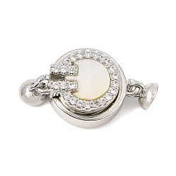 Platinum Brass Micro Pave Clear Cubic Zirconia Magnetic Clasps, Flat Round, with Natural Shell, Platinum, 19x11x6mm