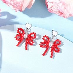 Красный Сердце с бантом, подвесные серьги-гвоздики из бисера ручной работы из стекла, с 304 серьгами из нержавеющей стали, цвет нержавеющей стали, красные, 36.5x28.5 мм