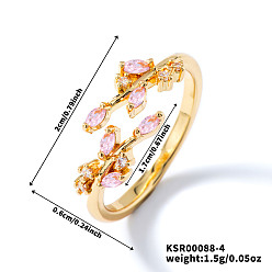 Pink Изысканные латунные кольца-манжеты в форме листьев ивы с кубическим цирконием для женщин, золотые, розовые, внутренний диаметр: 17 мм