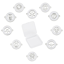 Stainless Steel Color 304 Stainless Steel Enamel Links Connectors, Flat Round with Mixed Patterns, Stainless Steel Color, 14.5x18.5x2mm, Hole: 1.2mm, 10 patterns, 1pc/Pattern, 10pcs/box