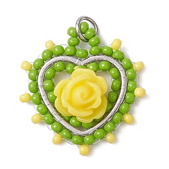 Желтый Сердце из стеклянных бусин с подвесками в виде роз, с 304 соединительным кольцом из нержавеющей стали, желтые, 23.5x22x7 мм, отверстие : 3.5 мм