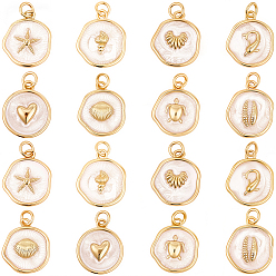 Mixed Shapes 16 шт. 8 стили подвески из латуни с эмалью на морскую тематику, с целью перехода в кольце, реальный 18 k позолоченный, плоский круглый шарм, разнообразные, 16~18x14~15.5x3~3.5 мм, отверстие : 3 мм, 2 шт / стиль