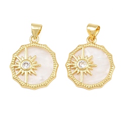 Real 16K Gold Plated Brass Micro Pave Clear Cubic Zirconia with White Shell Pendants, Flat Round with Sun Charms, Real 16K Gold Plated, 20.5x18x3mm, Hole: 5x3mm