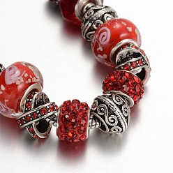 Mixed Color Alloy Rhinestone Bead European Bracelets, with Glass Beads and Brass Chain, Mixed Color, 190mm