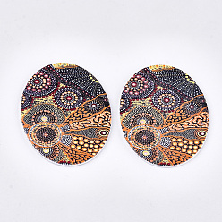 Colorful Printed Wooden Big Pendants, Dyed, Oval, Colorful, 63x50x2.5mm, Hole: 1.2mm