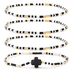 Черный 4 Наборы браслетов из эластичной ткани в богемном летнем стиле с крестом и стеклянным бисером, летние украшения для женщин, чёрные, внутренний диаметр: 6.50 дюйм (16.5 см)