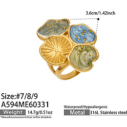Colorful 316L Surgical Stainless Steel Enamel Finger Rings for Women, Flower, Golden, Colorful, US Size 7(17.3mm)
