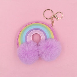 Plum PU Leather Rainbow & Imitation Rabbit Fur Keychain, Big Pendant Decoration, Plum, 20.5cm