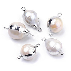 Платина Покрытые натуральным жемчугом барокко соединители с жемчугом кеши, с железной фурнитурой, круглые, платина, 18~24x11~13x11~13 мм, отверстие : 2 мм