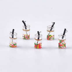 Colorful Glass Bottle Pendants, with Resin, Plastic and Iron Findings, Fruit Tea Charms, Platinum, Colorful, 25~28x10mm, Hole: 1.8mm