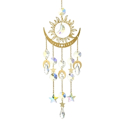 Golden Brass & 304 Stainless Steel Sun Moon Suncatchers, Glass Star & Teardrop & Moon & Octagon Charm for Outdoor Garden Wall Hanging Decor, Golden, 375mm