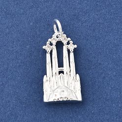 Серебро Латунные микропаве прозрачные подвески с фианитом, башенное очарование, без свинца и без кадмия, долговечный, стойки покрытие, серебряные, 18x10x3.5 мм, отверстие : 3 мм