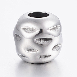 Antique Silver 304 Stainless Steel European Beads, Large Hole Beads, Carved Barrel, Antique Silver, 10x9.5mm, Hole: 4mm