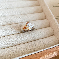 Silver Bohemian Alloy & Shell & Imitation Pearl Cuff Open Rings for Women, Conch Shape, Silver, US Size 4 1/4(15~20mm)