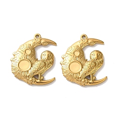 Золотой 304 Настройки горный хрусталь из нержавеющей стали кулон, ионное покрытие (ip), луна с совой, золотые, подходит для 6 мм и 2.5 мм стразами, 32x26x3 мм, отверстие : 2 мм