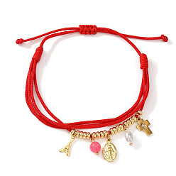 Красный Регулируемые 304 из нержавеющей стали браслеты шарма, Женские плетеные многорядные браслеты из полиэстерного шнура, форма ракушки, морская звезда и краб, с латунной бисера, красные, 11.02 дюйм (28 см)