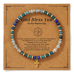 Смешанные камни Винтажные латунные браслеты с крестиками-подвесками, браслеты из натуральных смешанных драгоценных камней с круглыми бусинами для женщин и мужчин, с открытки, 6.89 дюйм (17.5 см)