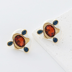 Golden 304 Stainless Steel Enamel Stud Earrings for Women, Nuggets with Oval, with Resin, Golden, 27x27mm