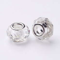 Clear Handmade Glass European Beads, Large Hole Beads, Silver Color Brass Core, Clear, 14x8mm, Hole: 5mm