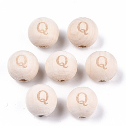 Letter Q Unfinished Natural Wood European Beads, Large Hole Beads, Laser Engraved Pattern, Round with Word, Letter.Q, 15~16x14~15mm, Hole: 4mm