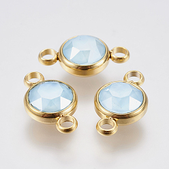Sky Blue K9 Glass Links connectors, Faceted, with 304 Stainless Steel Findings, Ion Plating (IP), Flat Round, Golden, Sky Blue, 17.5x10x6mm, Hole: 2.5mm