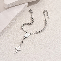 Серебро 201 подвеска из нержавеющей стали с бусинами для женщин и мужчин, крест и овал с девственницей в браке, серебряные, внутренний диаметр: 6-1/2 дюйм (16.5 см)