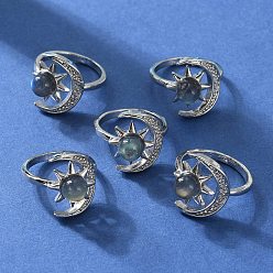 Лабрадорита Натуральные лабрадоритные пальцевые кольца, украшения из латуни платинового тона для женщин, луна и солнце, 2 мм, внутренний диаметр: американский размер 6(16.5мм)