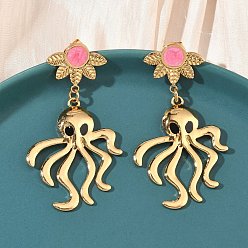 Pink 304 серьги-гвоздики из нержавеющей стали с эмалью, осьминог, ионное покрытие (ip), долговечный, реальный 18 k позолоченный, розовые, 56x30 мм