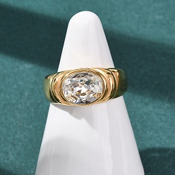 Прозрачный 304 палец кольца из нержавеющей стали, овальные, со стеклом, ионное покрытие (ip), золотые, прозрачные, Размер 7, 3.5~9.5 мм, размер США 7 1/4 (17.5 мм)