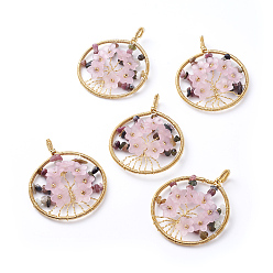 Турмалин Природного турмалина подвески, с золотыми тонами латунных находок и цветочными акриловыми бусинами, плоско-круглые, 62~66x50~52x10~15 мм, отверстие : 4 мм