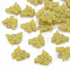 Желтый Подвески из сплава эмали с блестящей пудрой и подвесным покрытием из цинкового сплава, бабочка, золотой свет, желтые, 13x15x3.5 мм, отверстие : 2.0 мм