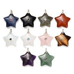 Mixed Stone Natural & Synthetic Mixed Gemstone Pendants, Star Charms, with Brass Pave Cubic Zirconia Findings, Golden, Mixed Dyed and Undyed, 30~32.5x31.5~34x11~12.5mm, Hole: 6x7mm