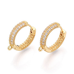 Настоящее золото 18K Латунные серьги-кольца из прозрачного кубического циркония, кольцо, фурнитура для сережек Huggie Hoop, с петлей, реальный 18 k позолоченный, 18x17x3.5 мм, отверстие : 1.2 мм, штифты : 0.8 мм