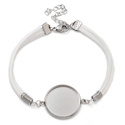 Белый Изготовление браслета из искусственной замши с двойным шнуром, с 304 круглым подносом из нержавеющей стали, цвет нержавеющей стали, белые, 7-1/4 дюйм (18.4 см), лоток : 20 мм