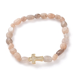 Sunstone Nuggets Natural Sunstone Stretch Beaded Bracelets, Tumbled Stone, with Brass Micro Pave Cubic Zirconia Cross Beads, Golden, Inner Diameter: 2~2-1/8 inch(5.1~5.5cm)