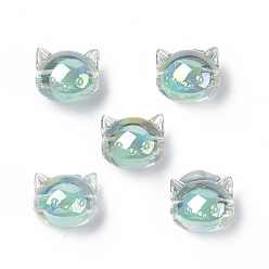 Medium Aquamarine UV Plating Rainbow Iridescent Acrylic Beads, Two Tone Bead in Bead, Cat, Medium Aquamarine, 16x18.5x14.5mm, Hole: 3.5mm